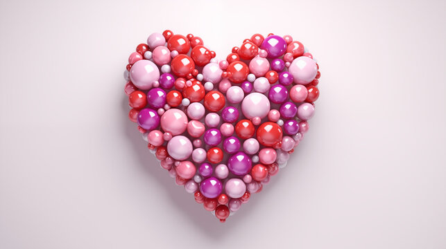 Multicolored Sphere Love Heart. Pink, Red Glass and Red Metallic Spheres arranged in a heart shape. 3D Render