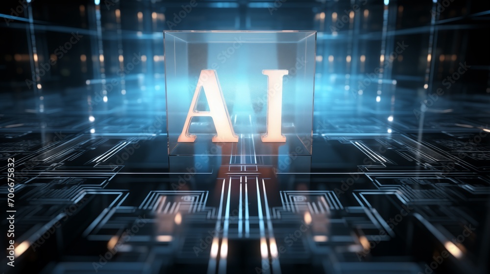 Poster futuristic golden ai word in a glass cube on glowing technology digital microchip background