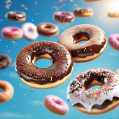 chocolate donuts 3d render flying in the air in blue sky.  Creative social media or website poster of bakery or cafe.