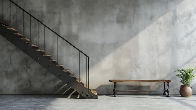 Loft interior design of modern entrance hall with staircase and rustic wooden bench near concrete wall with copy space.