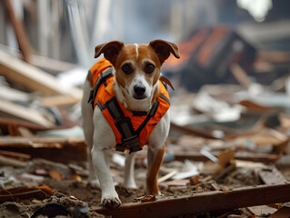 Brave canine focused on a search task amid the chaos of a collapse