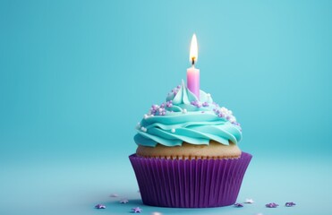 a cupcake with a birthday candle and other toys