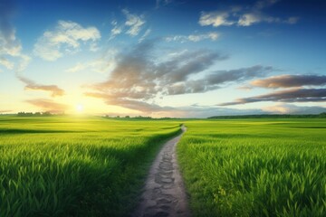 a path through a green field towards sunset