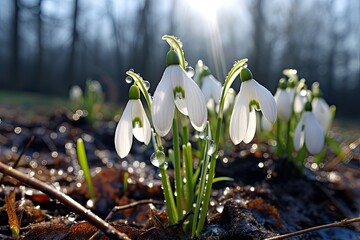 White snowdrops, the first spring flowers, bloomed in a clearing in the middle of the forest and melted snow. Spring coming concept