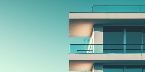 Uma fotografia destacando as linhas limpas e o design funcional de um edifício inspirado na Bauhaus, enfatizando a integração de arte, artesanato e tecnologia.
