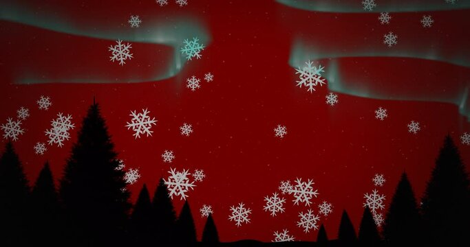 Animation of christmas tree silhouettes over snowflakes falling on aurora borealis red background