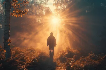 Poster artistic photography of a man walking towards the sun © Iulia