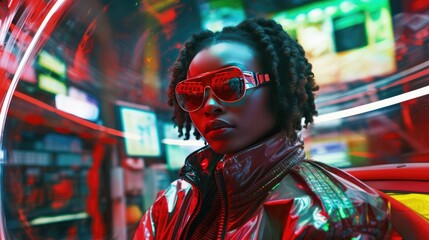 Fototapeta premium African American woman female with afro hair on city street background. Outdoor urban portrait of beautiful African woman..