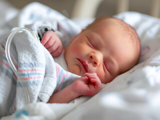 A newborn baby sleeps soundly in the hospital, swaddled in comfort, embodying new life and peace