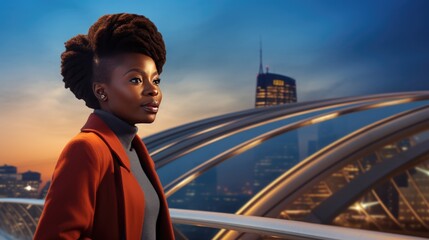 African American woman female with afro hair on city street background. Outdoor urban portrait of beautiful African woman..