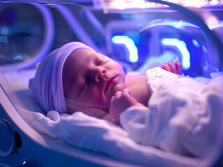 A newborn baby undergoes phototherapy for jaundice, cradled safely in the blue glow of a neonatal care unit
