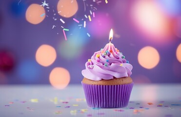 a cupcake with a lone candle sitting by a table with some colorful balloons