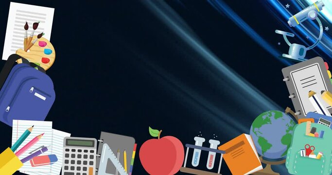 Animation of school equipment and apple on blue swirl background