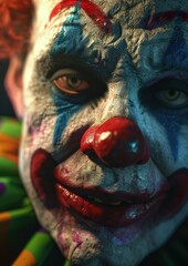 a clown with colorful make up and eyes
