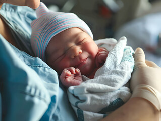 A serene newborn sleeps peacefully in a hospital, swaddled and cozy, a perfect picture of new life