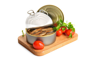Board of canned smoked sprats with parsley and tomatoes on white background