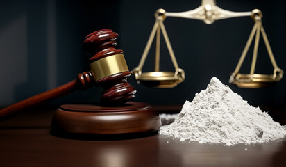 Cocaine and Judge hammer in Courtroom. Judge gavel in court. Legal Justice. Sentence to criminal for drug offense. Drug Laws. Judgment life sentence in prison. Mallet of federal judge, judge's gavel