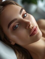 Beauty salon display of permanent eyebrow makeup, showcasing a woman's enhanced face with defined eyebrows and radiant skin. - obrazy, fototapety, plakaty