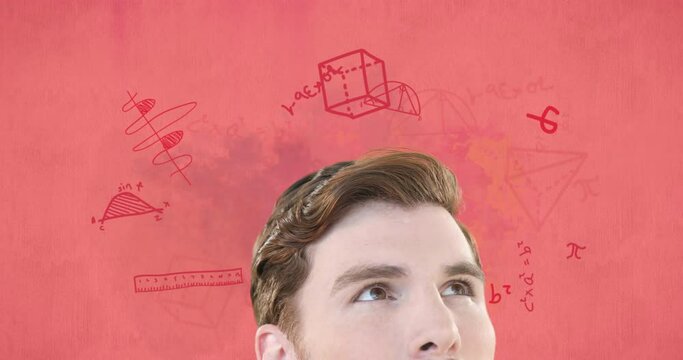 Animation of thoughtful caucasian male student over maths and geometry equations on pink paper