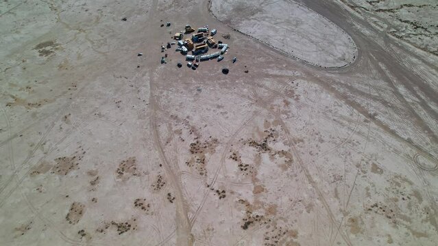 Drone Footage of RV Trailers at Bombay Beach, California: Aerial View of Campers on Salton Sea Coast