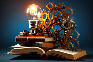 Innovative knowledge power. Cogs, books, and a light bulb symbolize education's impact. Perfect for learning, progress, and tech concepts.