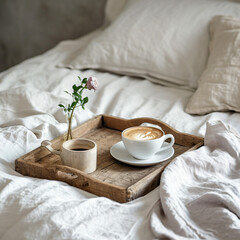 Fototapeta na wymiar Serenity in Simplicity: Minimalistic Tray in Bed with Flowers and Tea - A Tranquil Scene of Elegance and Relaxation - Generative AI