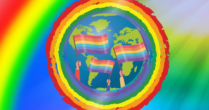 Animation of hands waving rainbow pride flags over globe in rainbow circle