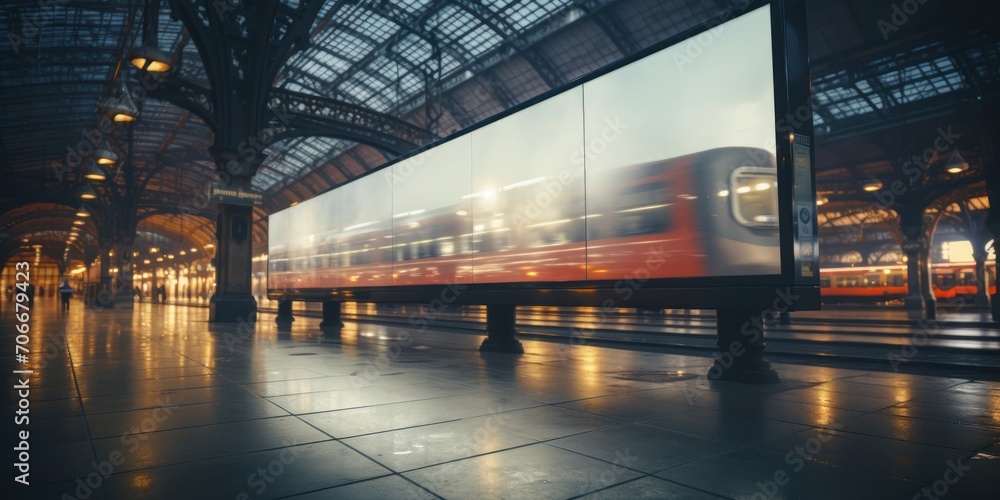 Poster train on train track at train station in urban setting generative ai
