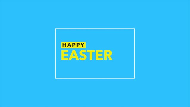 A bright square image with a yellow border on a blue background. It contains the words Happy Easter in the center, conveying a cheerful Easter message