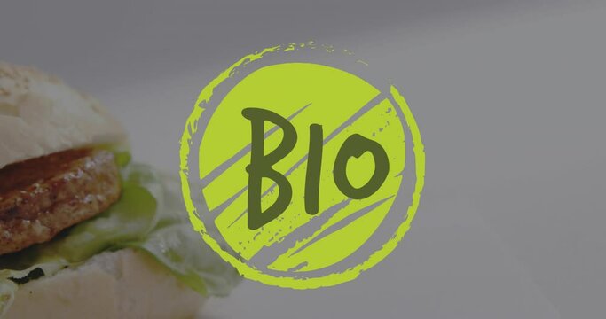 Animation of bio text on green logo over vegetarian burger and salad in bun
