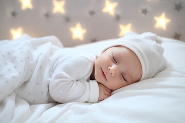 Obraz na płótnie Canvas Newborn baby sleeping on the bed with lights