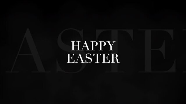 A stylized Happy Easter message in white letters is positioned at the center of a black background. This image serves as a festive greeting for the holiday