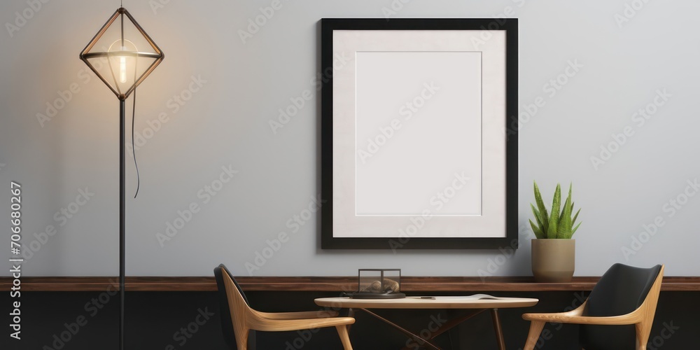 Poster table with two chairs and a picture hanging on the wall in an empty generative ai