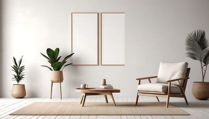 Canvas mockup in minimalist interior background with armchair and rustic decor, 3d render