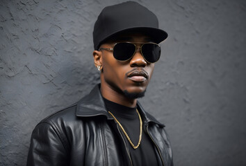 Casually dressed rapper in a baseball cap and leather jacket. Portrait of a hip hop artist - obrazy, fototapety, plakaty