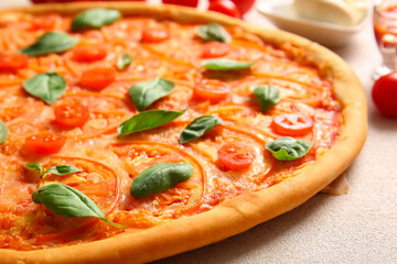 Tasty pizza margarita on white background