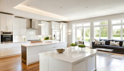 Luxurious white kitchen and living room in a big house