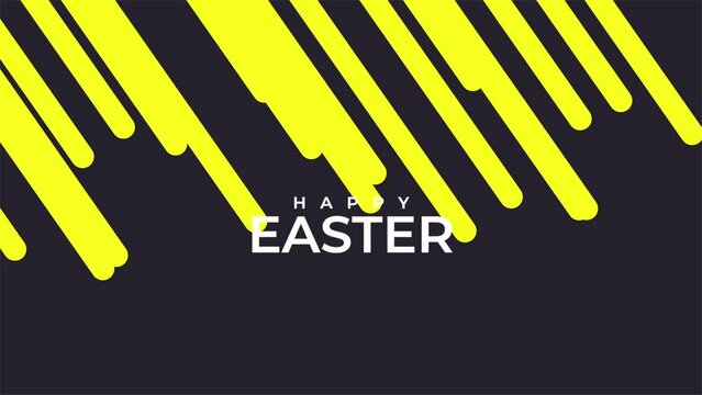 A vibrant and cheerful Easter-themed image featuring bold black and yellow stripes as a background. Happy Easter is prominently written in yellow on the left side