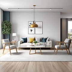 Modern interior of apartment, dining room with table and chairs, living room with sofa, hall, panorama 3d rendering