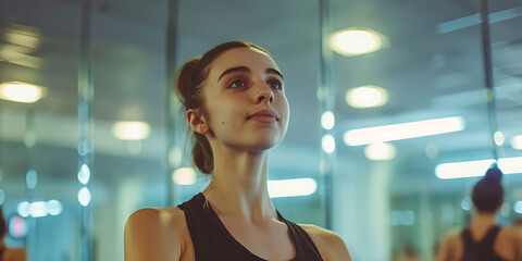 Um retrato de uma bailarina em um momento de reflexão, cercada por espelhos em um estúdio de dança, destacando a graça e força inerentes à arte da dança. - obrazy, fototapety, plakaty