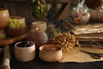 Different dry herbs, flowers, burning candle and flax seeds on black wooden table indoors