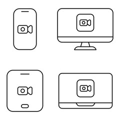 video call camera icon on pc laptop smartphone tablet line icon set vector flat illustration