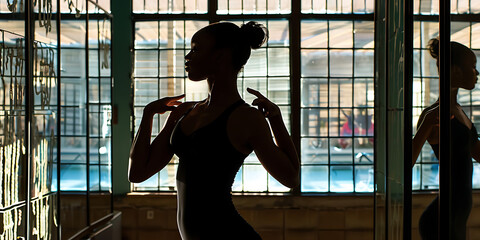 Um retrato de uma bailarina em um momento de reflexão, cercada por espelhos em um estúdio de dança, destacando a graça e força inerentes à arte da dança.