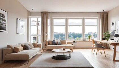 Fototapeta premium open space apartment interior with beige sofa next to the window and desktop computer o a wooden desk