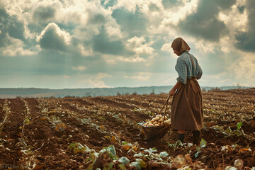 Fototapeta premium Woman working on potatoe field, woman on field, working at a farm, harvesting potato