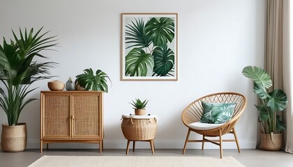 Stylish interior design of living room with wooden, retro commode, chair, tropical plant in rattan pot, basket and elegant personal accessories. Mock-up poster frame on the wall. Template. Home decor.