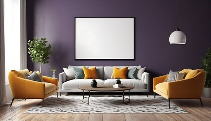 Stylish Living Room Interior with an Abstract Frame Poster, Modern interior design, 3D render, 3D illustration