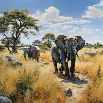 African grassland big elephants grass standing image Ai generated art