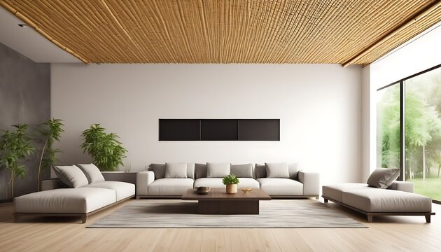 Stylish living room interior with design furniture, elegant accessories and bamboo ceiling, 3d render