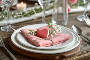 Valentine's day romantic restaurant dinner setting with red rose